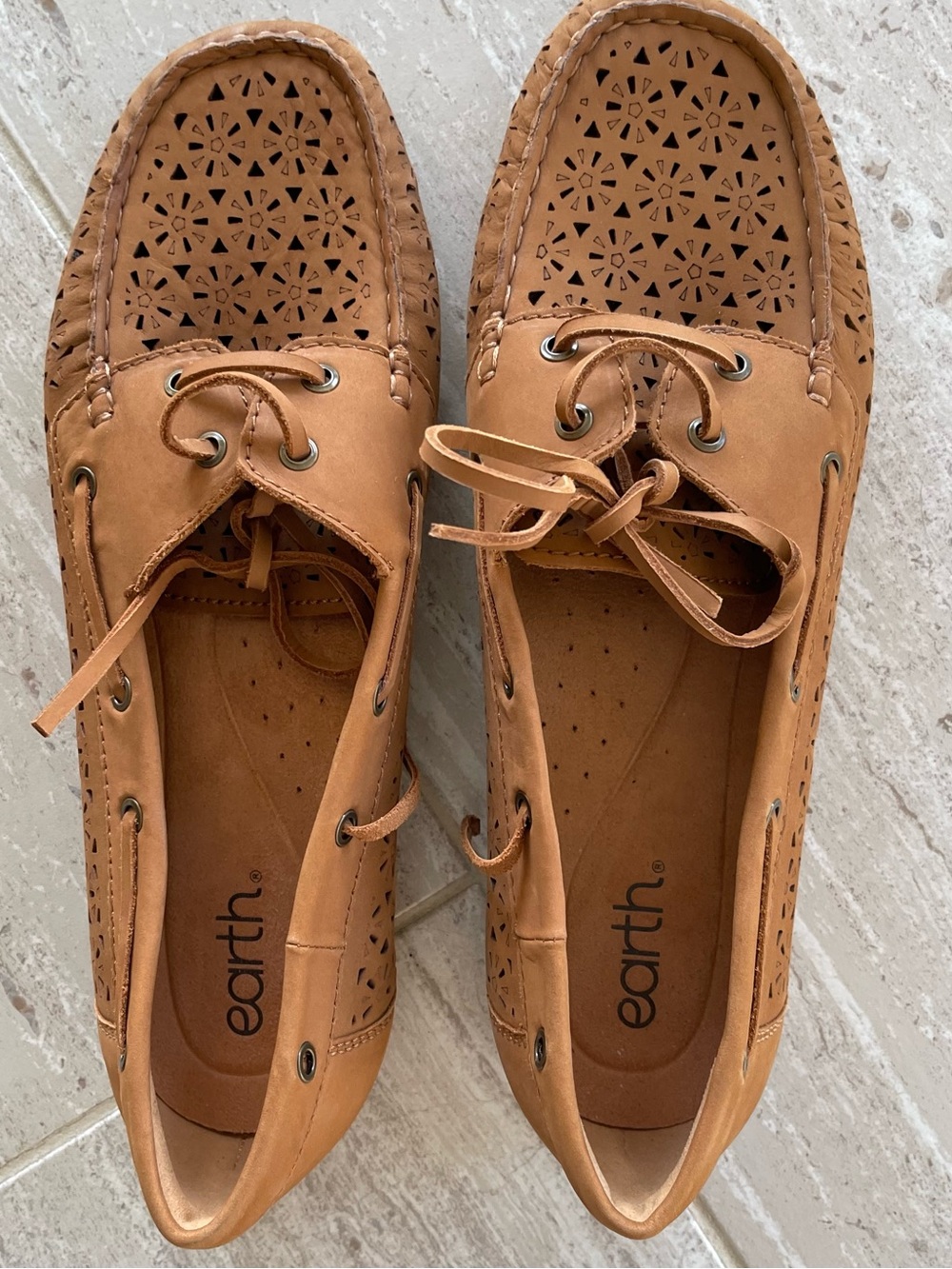 Earth Leather Boat Moccasins in Tan with Laser-Cut Detail